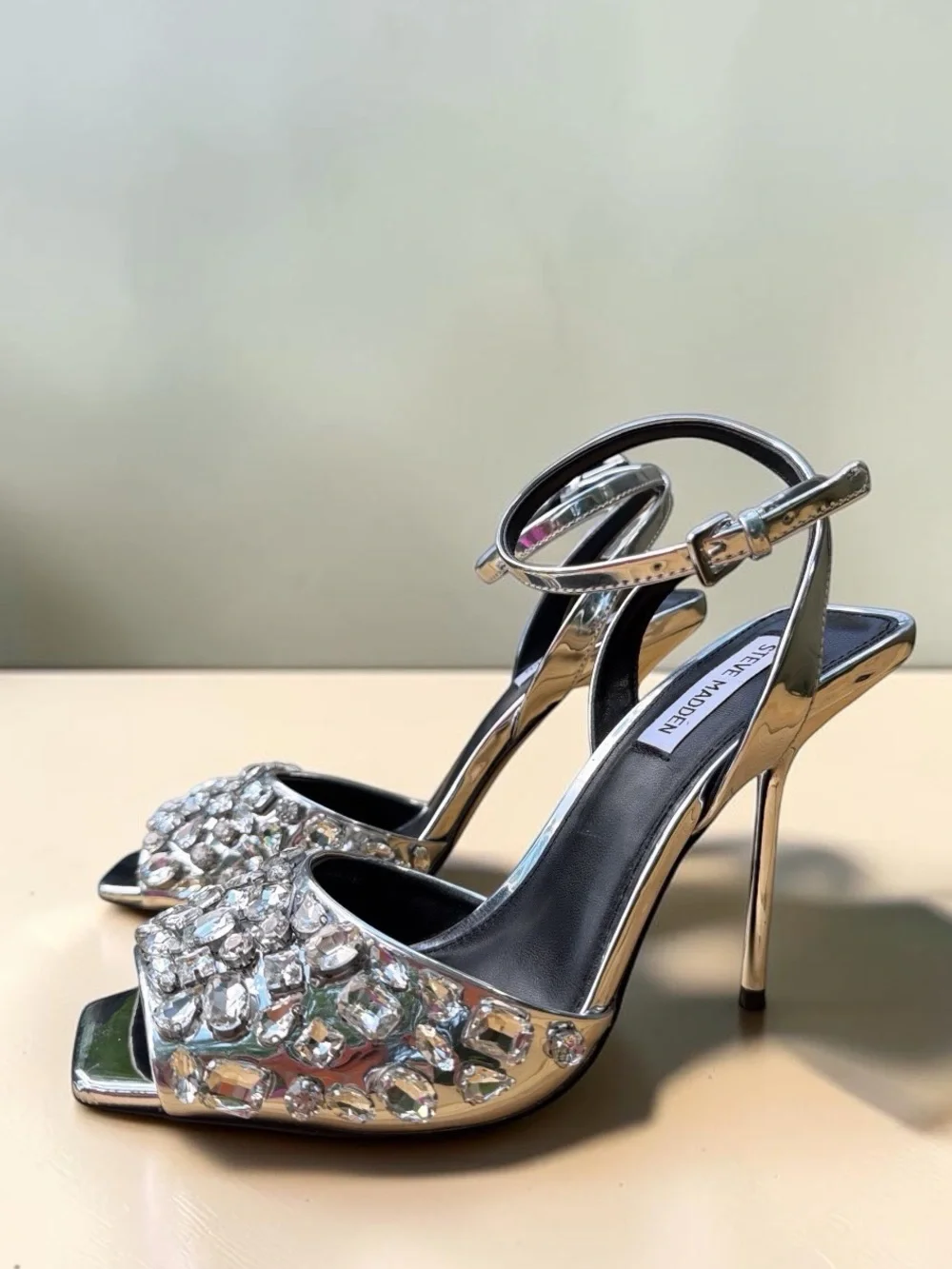 Steve Madden Silver Crystal-Embellished Stiletto Sandals Like New Size 9